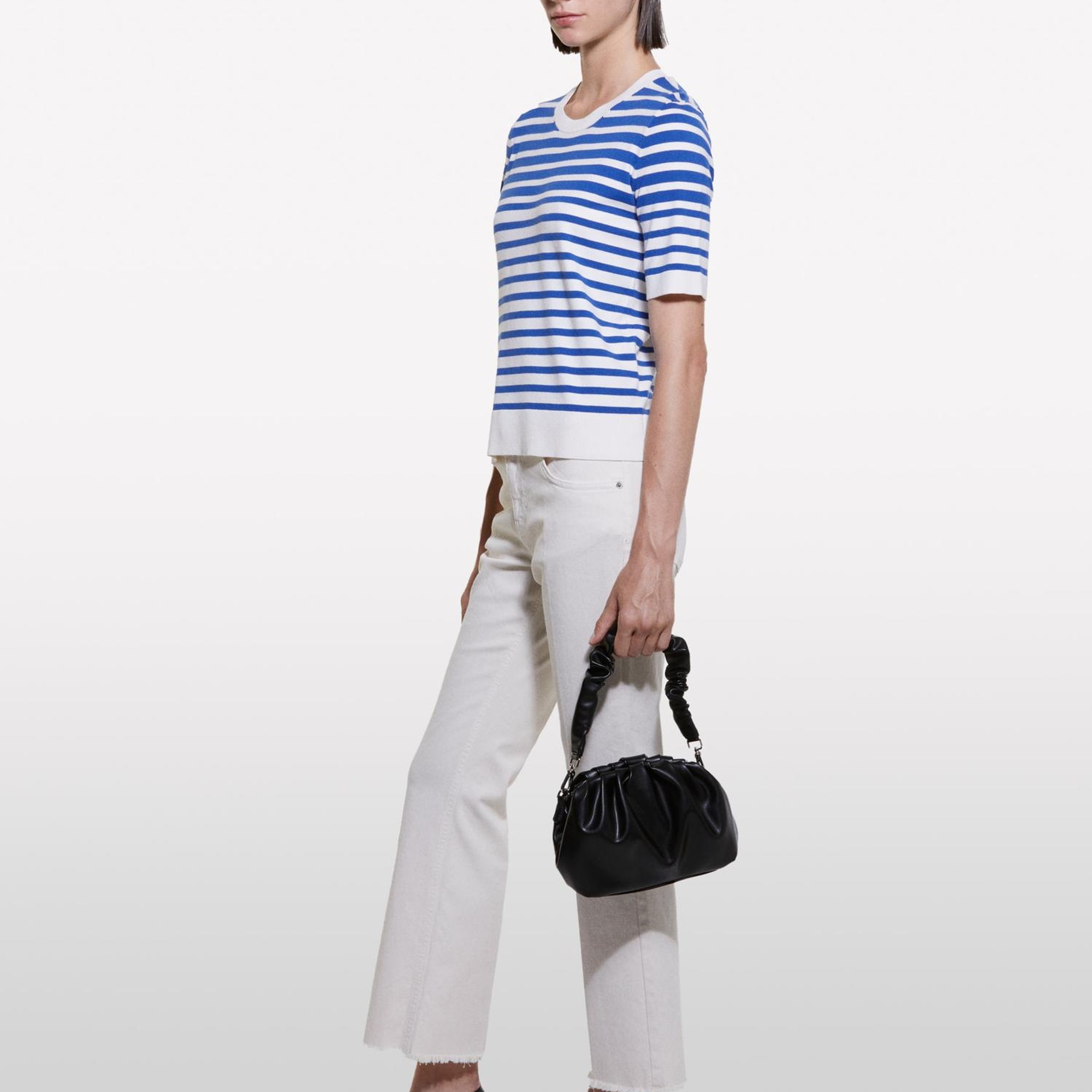 Kadın Mavi Çizgili Viskoz Karışımlı Çizgili Bisiklet Yaka Kısa Kollu Kazak