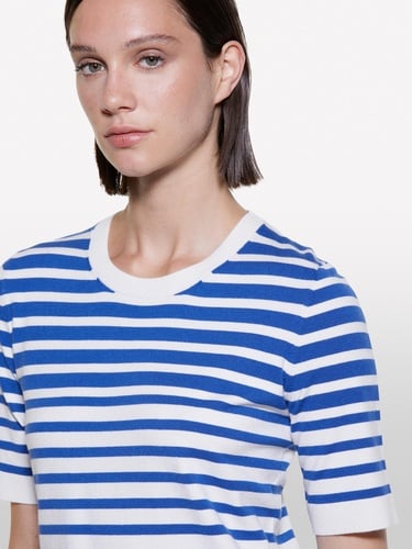  Kadın Mavi Çizgili Viskoz Karışımlı Çizgili Bisiklet Yaka Kısa Kollu Kazak