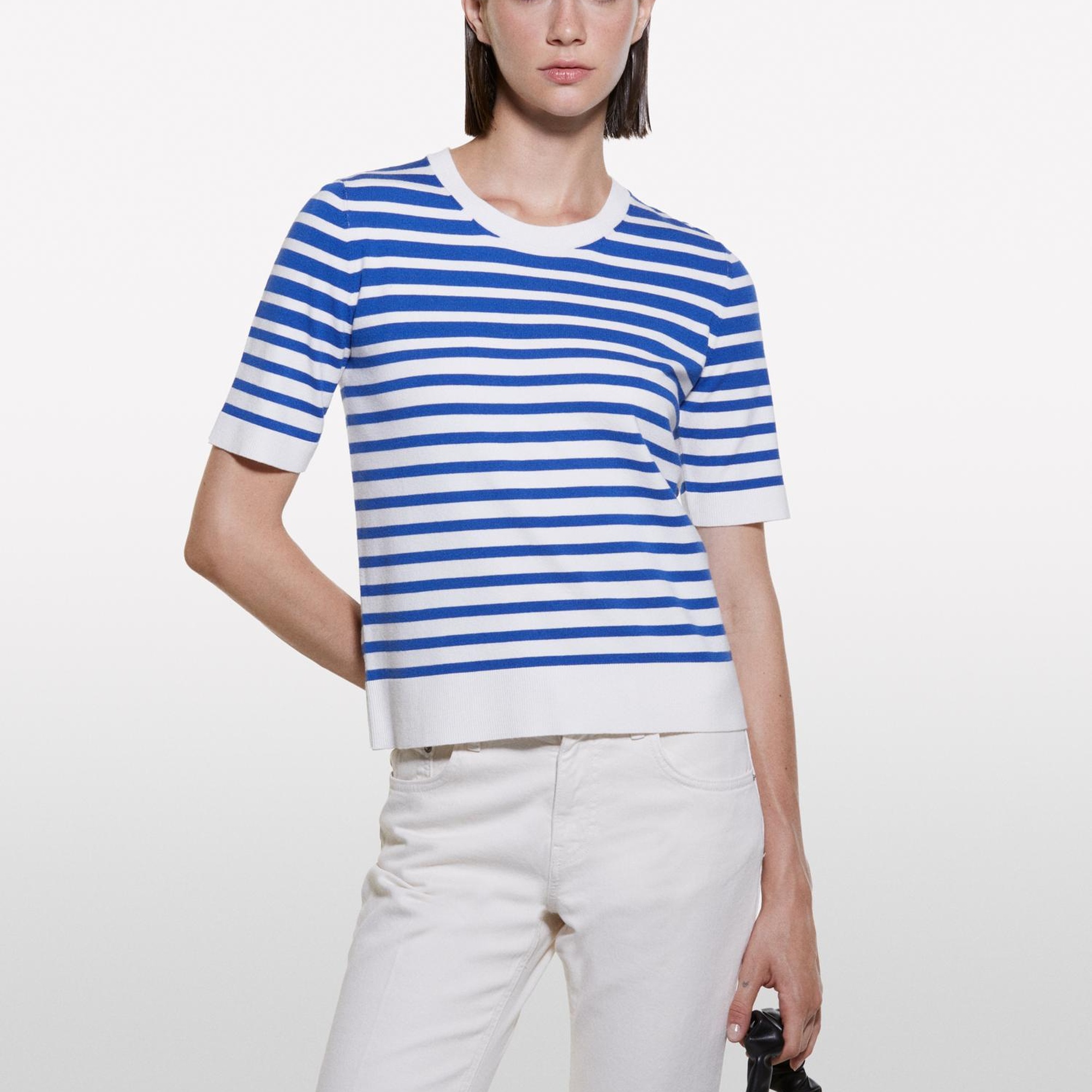 Kadın Mavi Çizgili Viskoz Karışımlı Çizgili Bisiklet Yaka Kısa Kollu Kazak