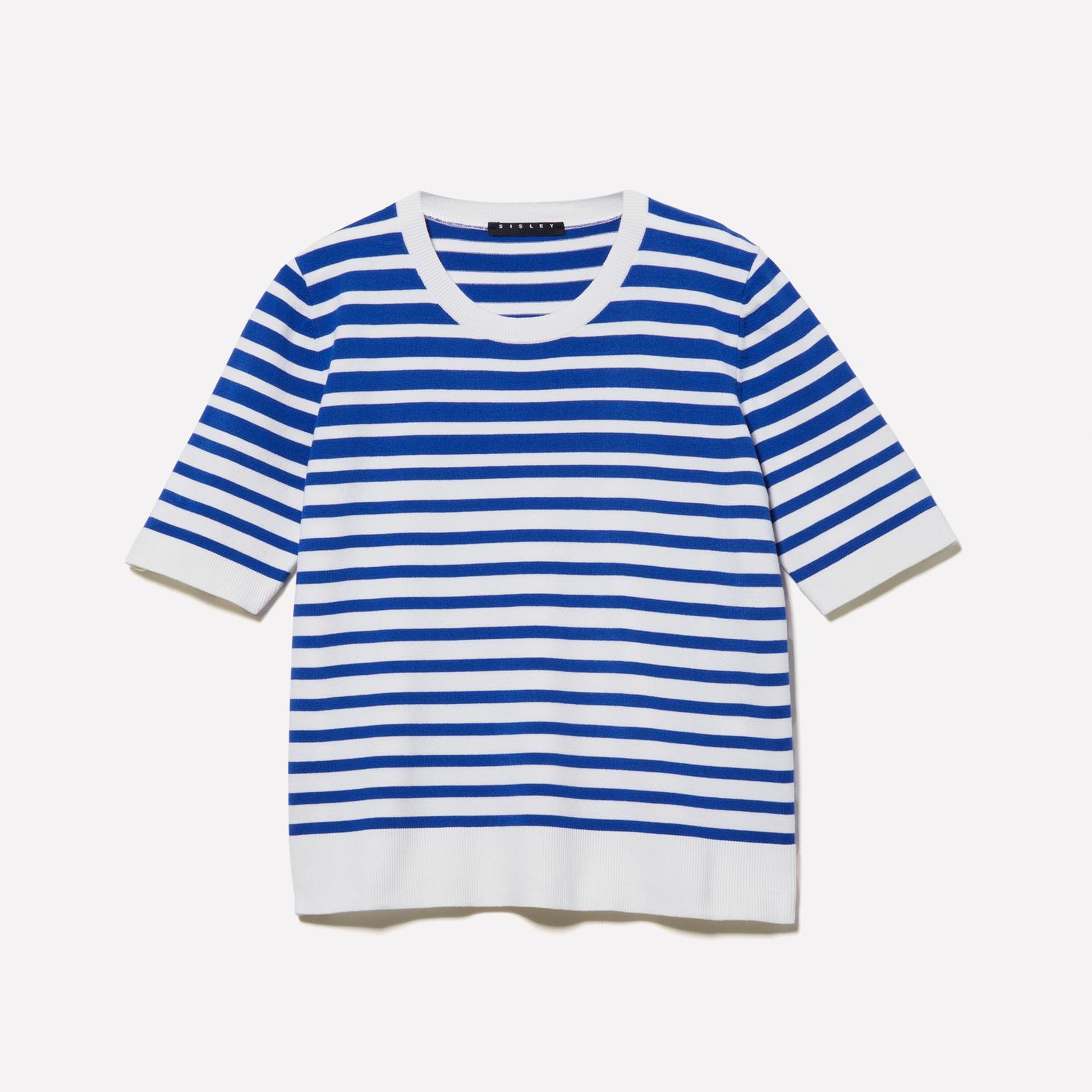 Kadın Mavi Çizgili Viskoz Karışımlı Çizgili Bisiklet Yaka Kısa Kollu Kazak