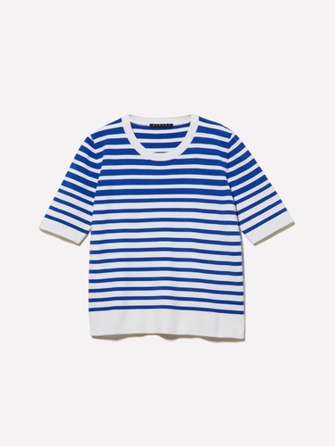  Kadın Mavi Çizgili Viskoz Karışımlı Çizgili Bisiklet Yaka Kısa Kollu Kazak