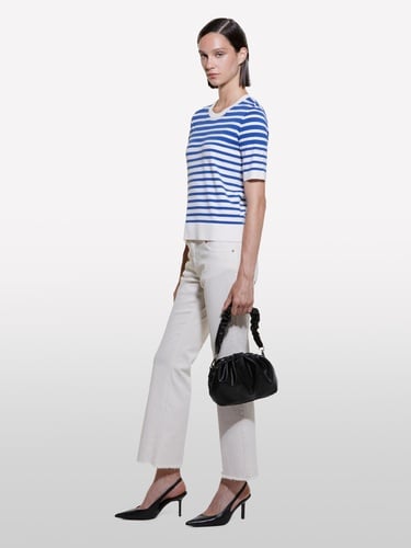  Kadın Mavi Çizgili Viskoz Karışımlı Çizgili Bisiklet Yaka Kısa Kollu Kazak