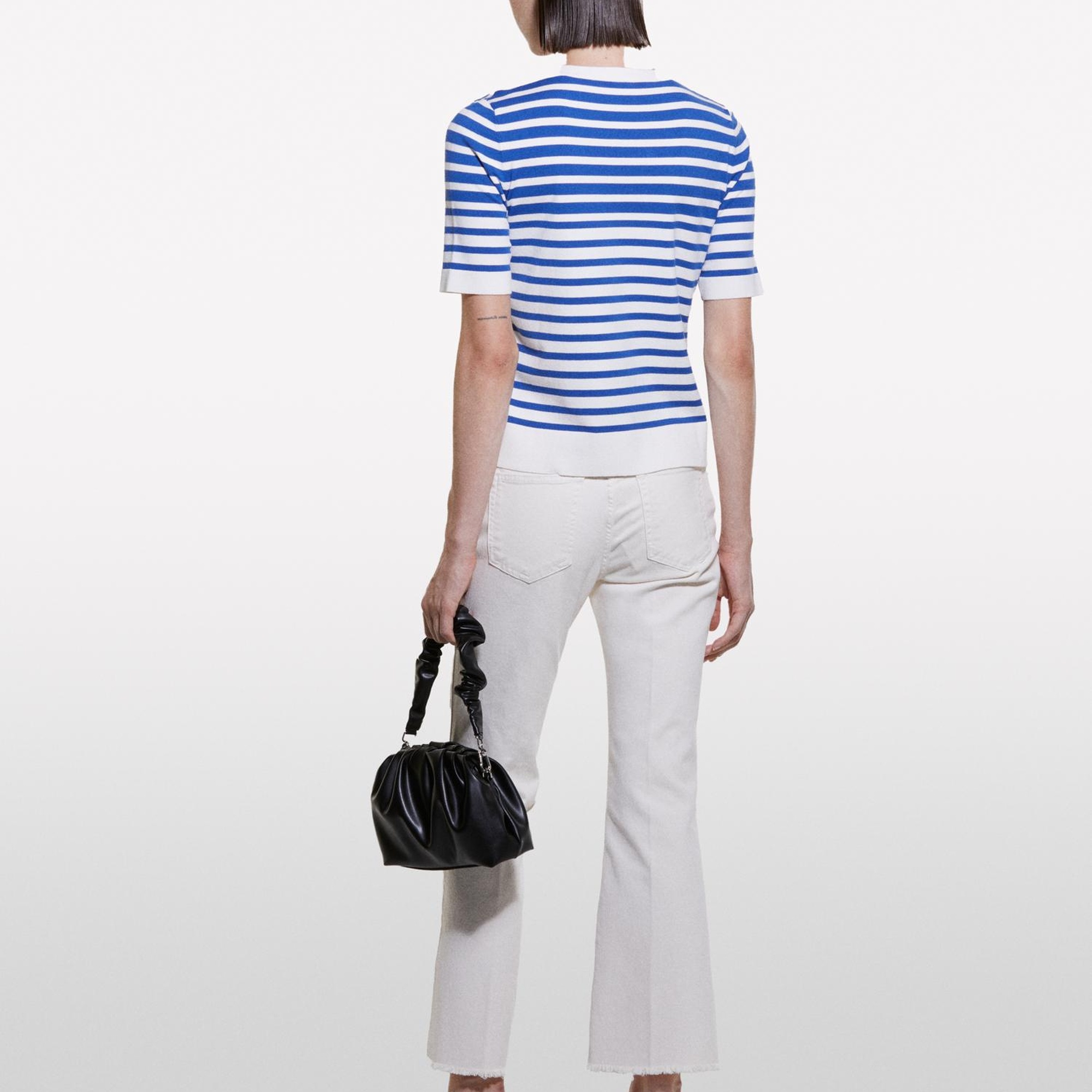 Kadın Mavi Çizgili Viskoz Karışımlı Çizgili Bisiklet Yaka Kısa Kollu Kazak