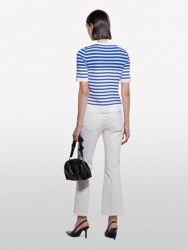  Kadın Mavi Çizgili Viskoz Karışımlı Çizgili Bisiklet Yaka Kısa Kollu Kazak