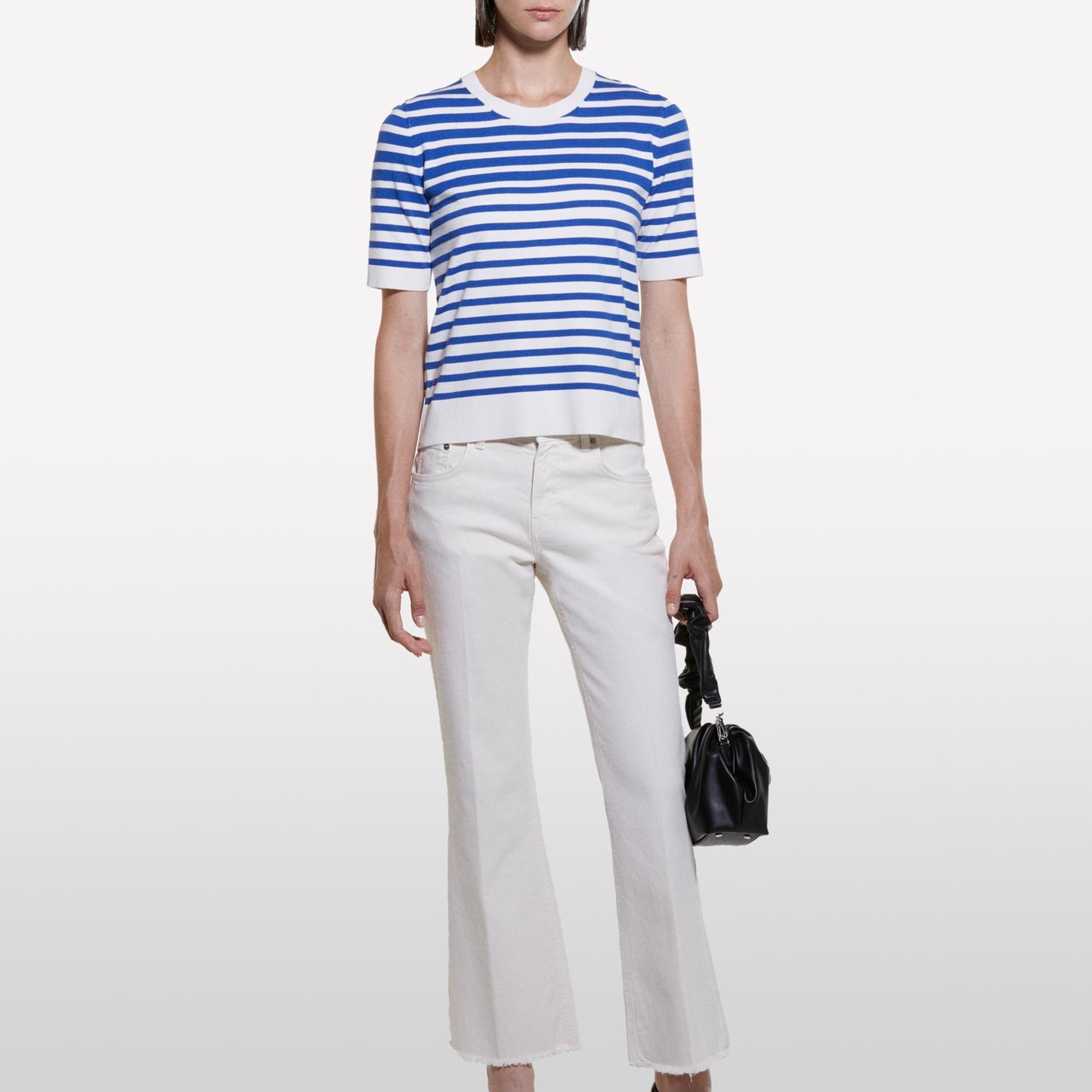 Kadın Mavi Çizgili Viskoz Karışımlı Çizgili Bisiklet Yaka Kısa Kollu Kazak