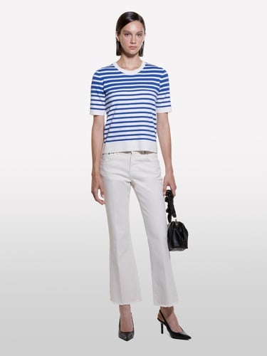  Kadın Mavi Çizgili Viskoz Karışımlı Çizgili Bisiklet Yaka Kısa Kollu Kazak