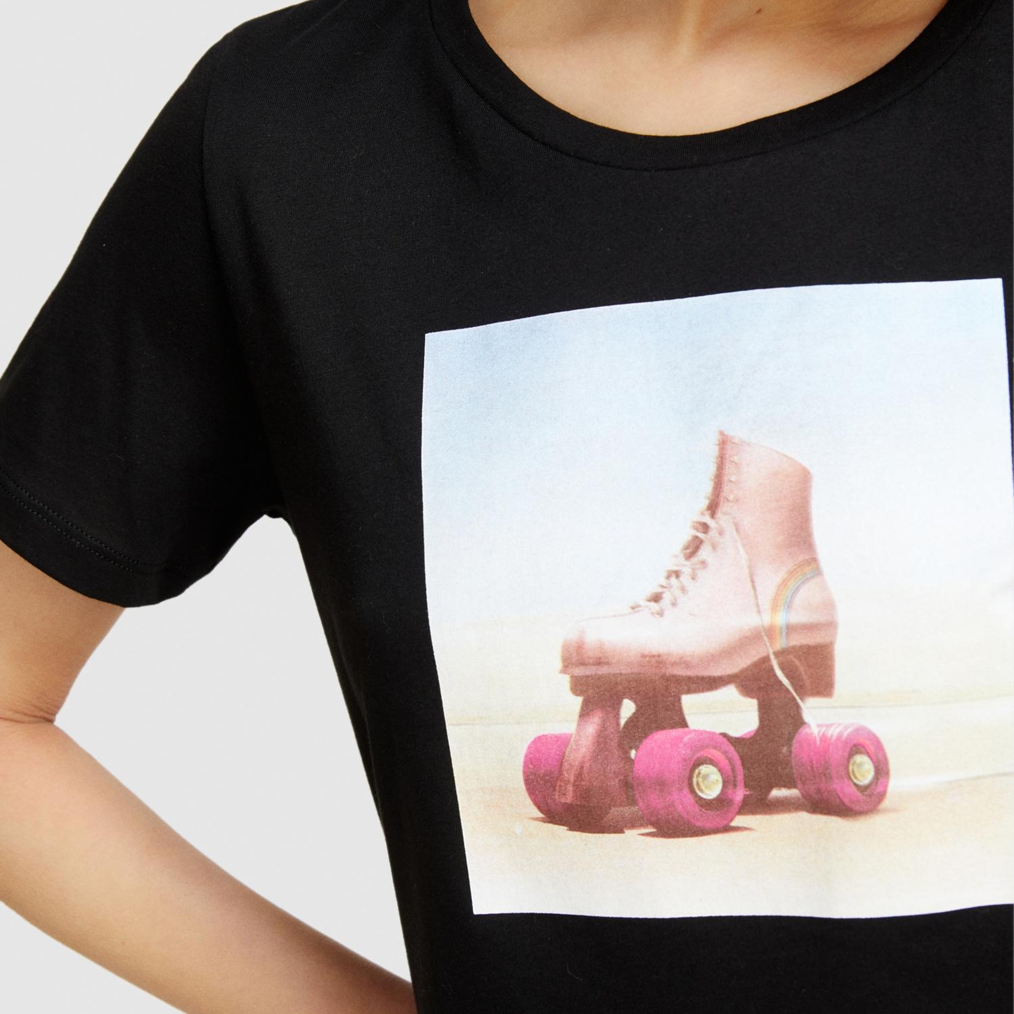 Kadın Siyah %100 Pamuk Fotoğraf Baskılı Bisiklet Yaka T-Shirt