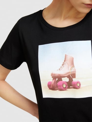  Kadın Siyah %100 Pamuk Fotoğraf Baskılı Bisiklet Yaka T-Shirt