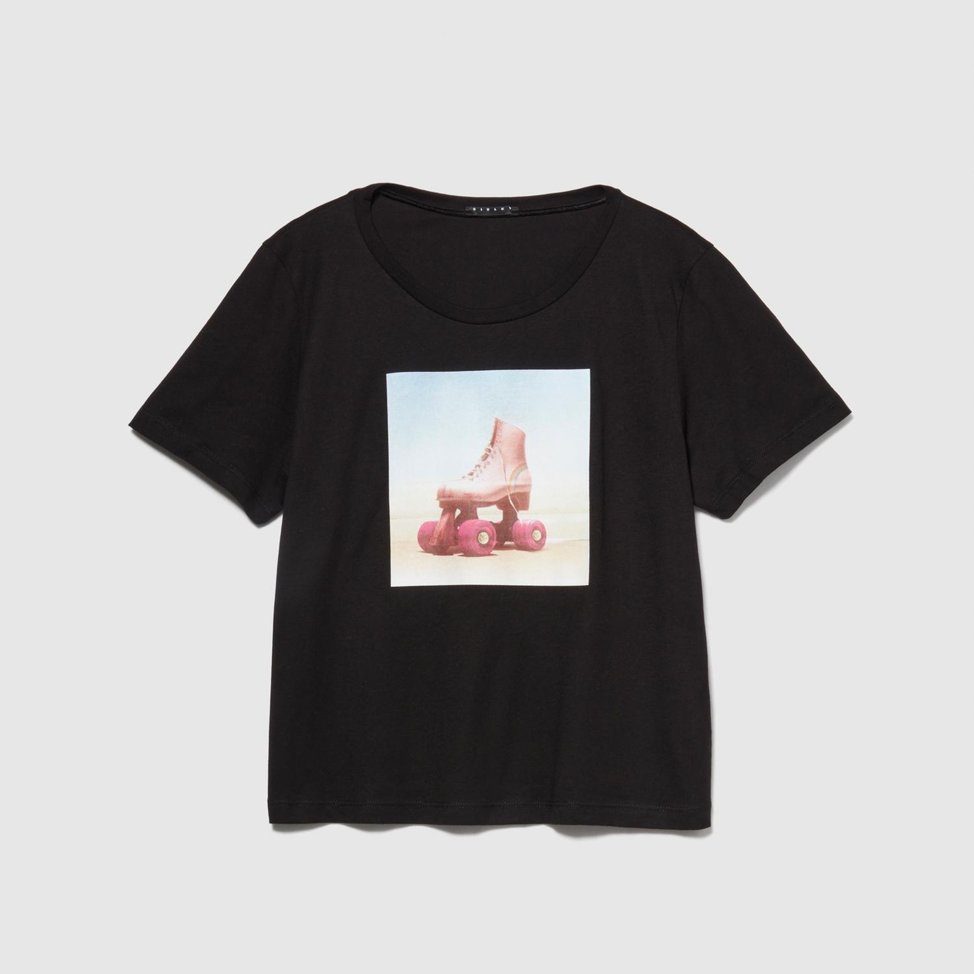 Kadın Siyah %100 Pamuk Fotoğraf Baskılı Bisiklet Yaka T-Shirt