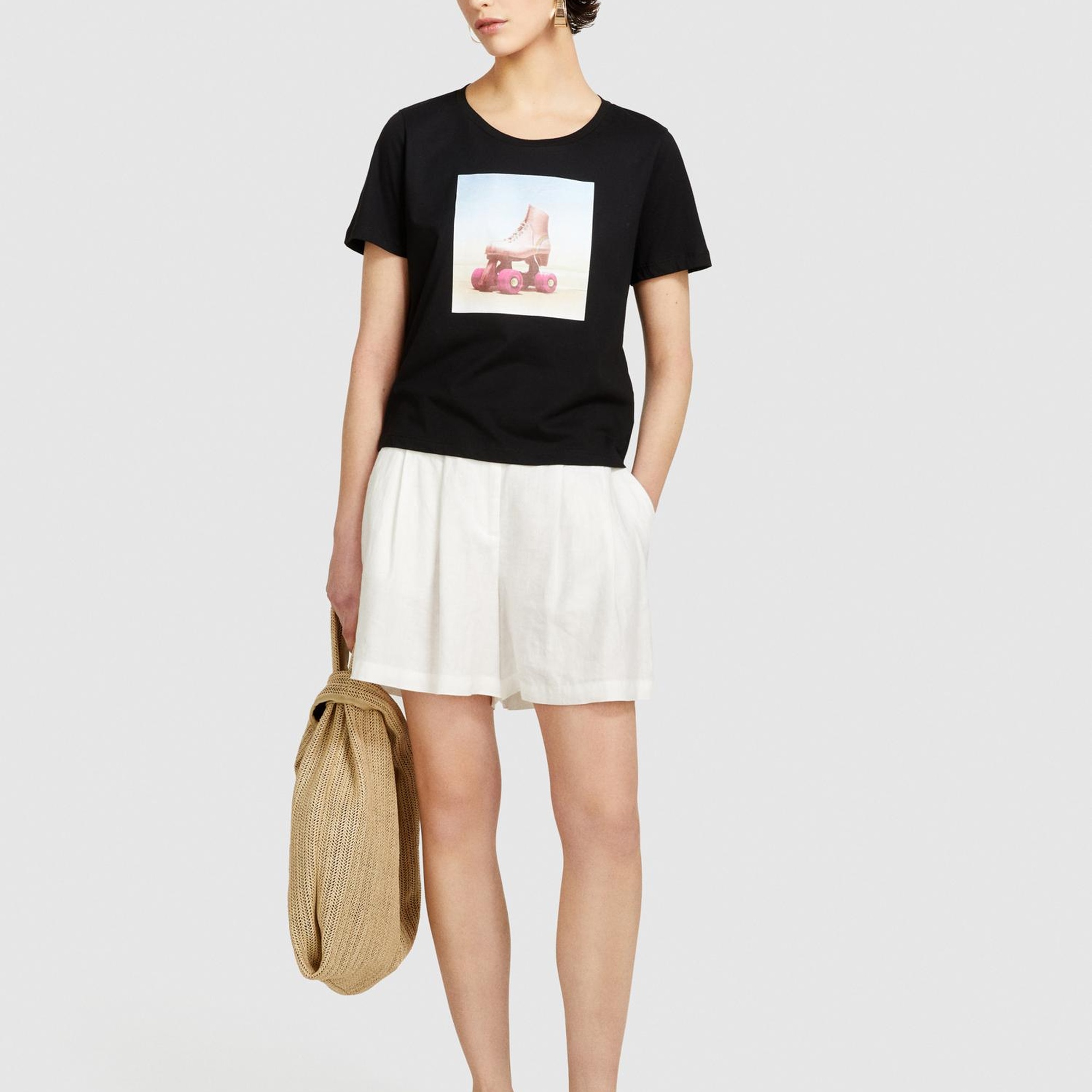 Kadın Siyah %100 Pamuk Fotoğraf Baskılı Bisiklet Yaka T-Shirt