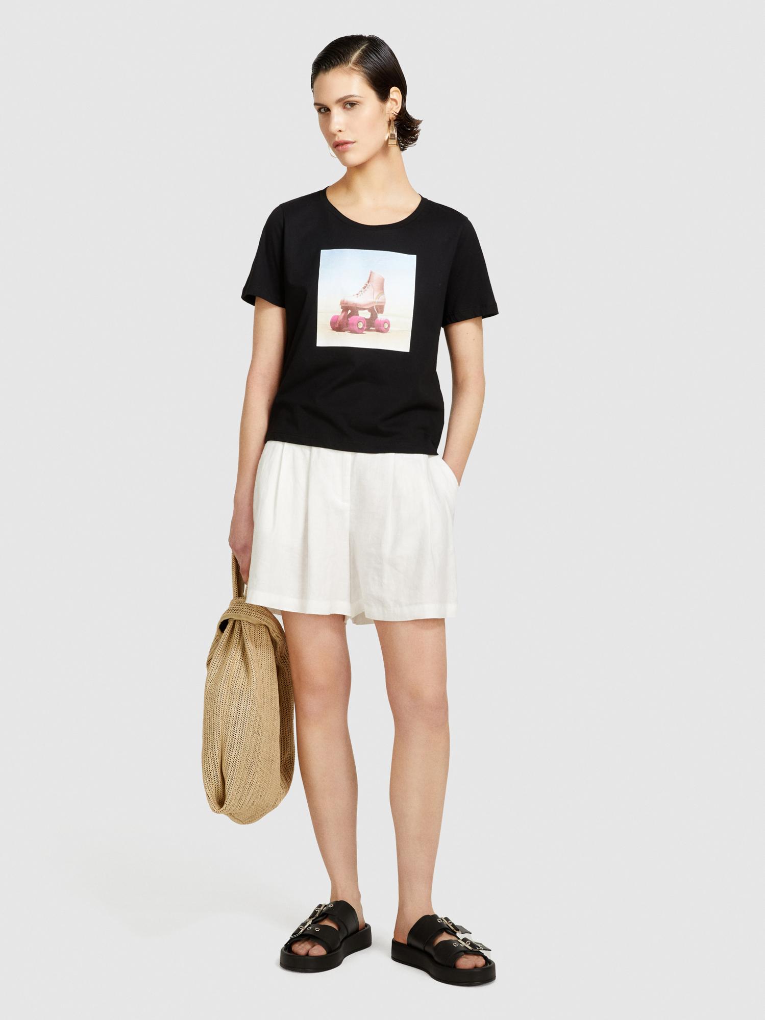  Kadın Siyah %100 Pamuk Fotoğraf Baskılı Bisiklet Yaka T-Shirt