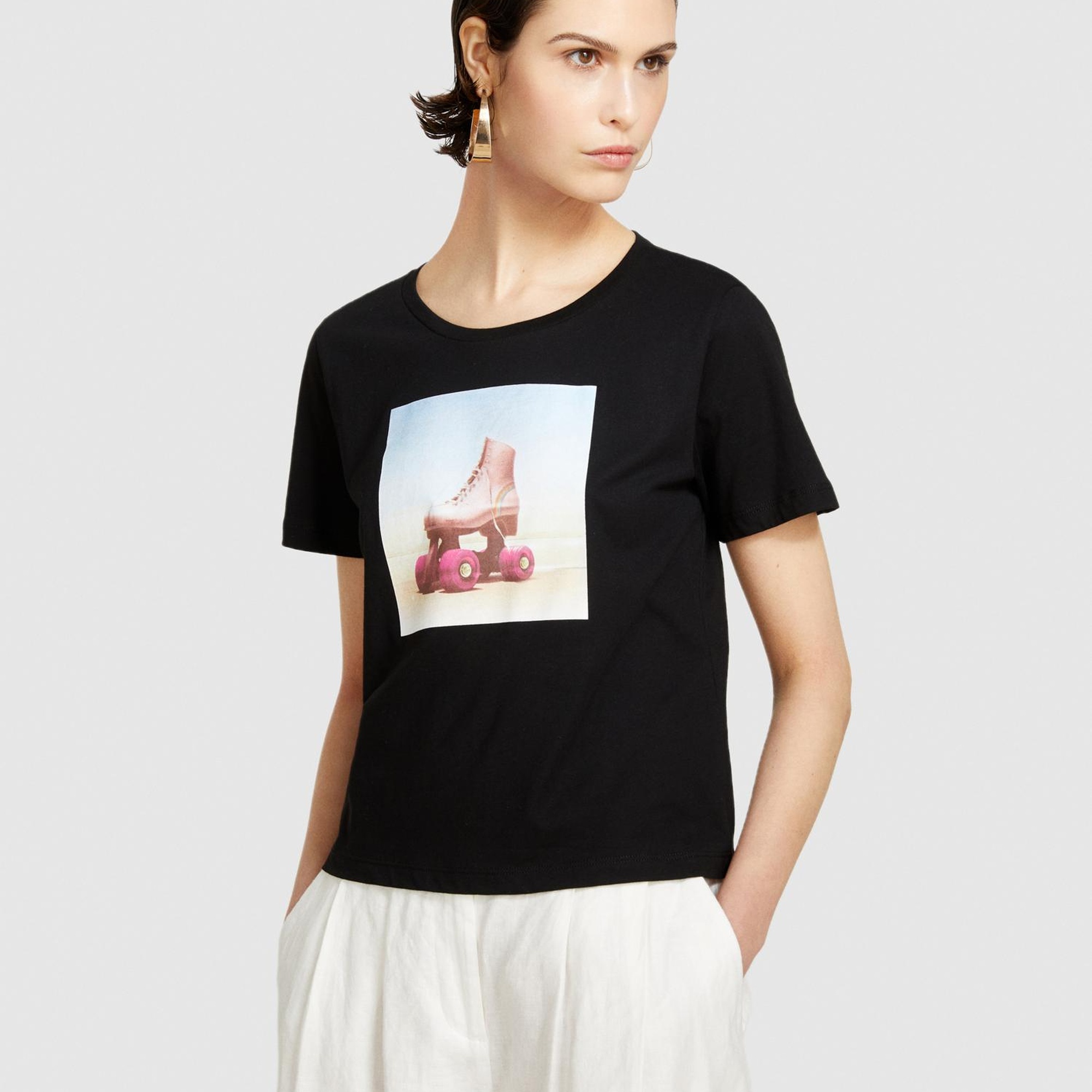 Kadın Siyah %100 Pamuk Fotoğraf Baskılı Bisiklet Yaka T-Shirt