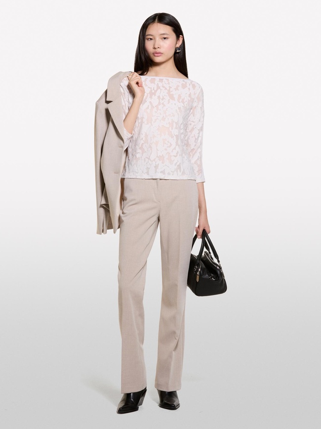  Kadın Bej Kayık Yaka Truvakar Kol T-Shirt