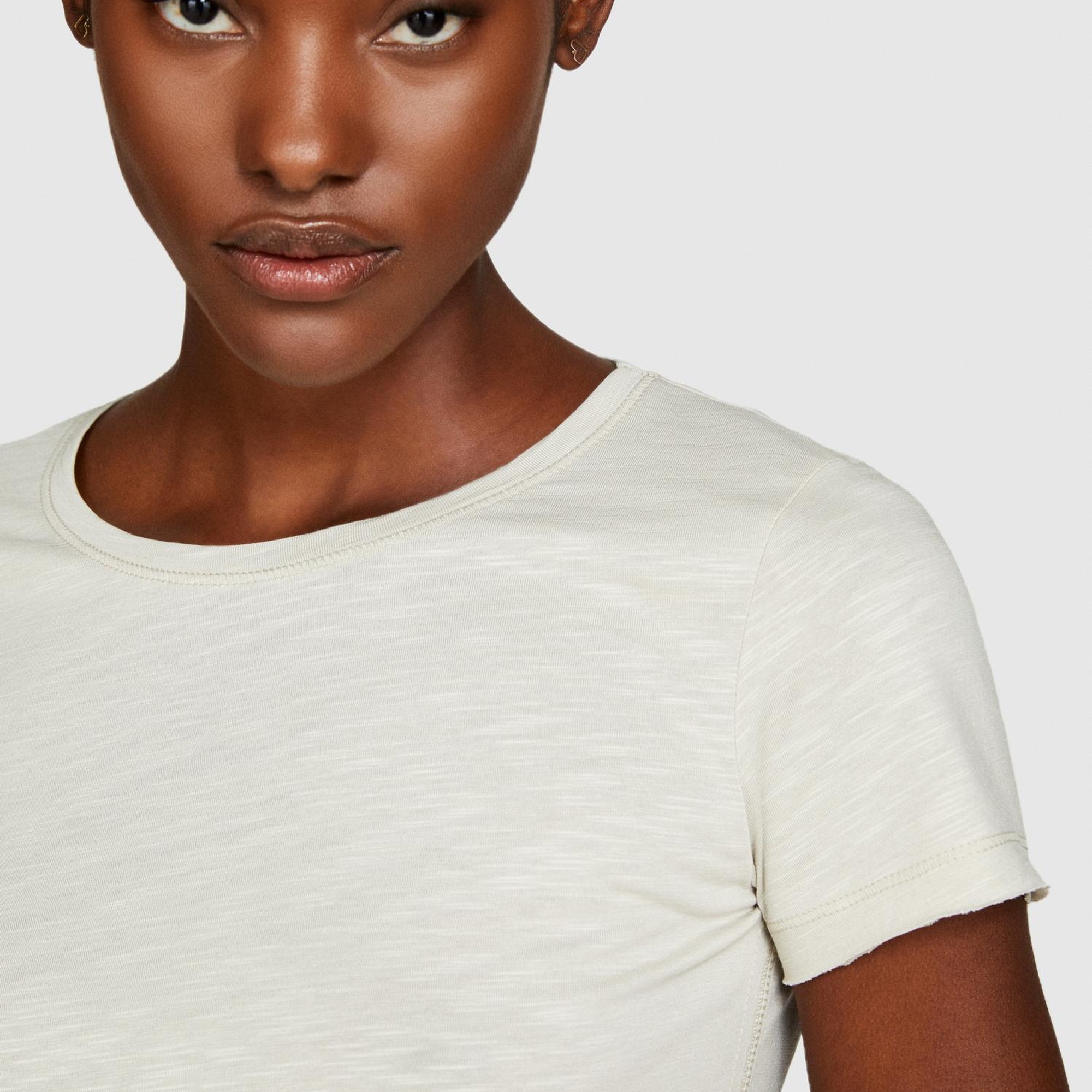 Kadın Bej Pamuk Modal Karışımlı Bisiklet Yaka T-Shirt