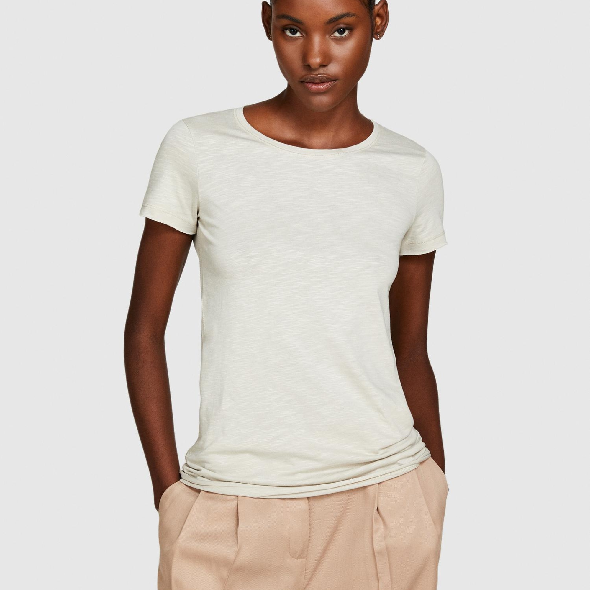 Kadın Bej Pamuk Modal Karışımlı Bisiklet Yaka T-Shirt