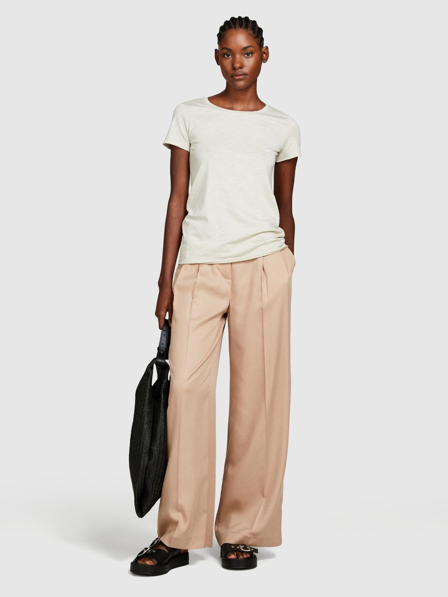  Kadın Bej Pamuk Modal Karışımlı Bisiklet Yaka T-Shirt