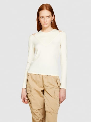  Kadın Krem Viskoz Karışımlı Önü Pencere Detaylı Dar Kesim Kazak