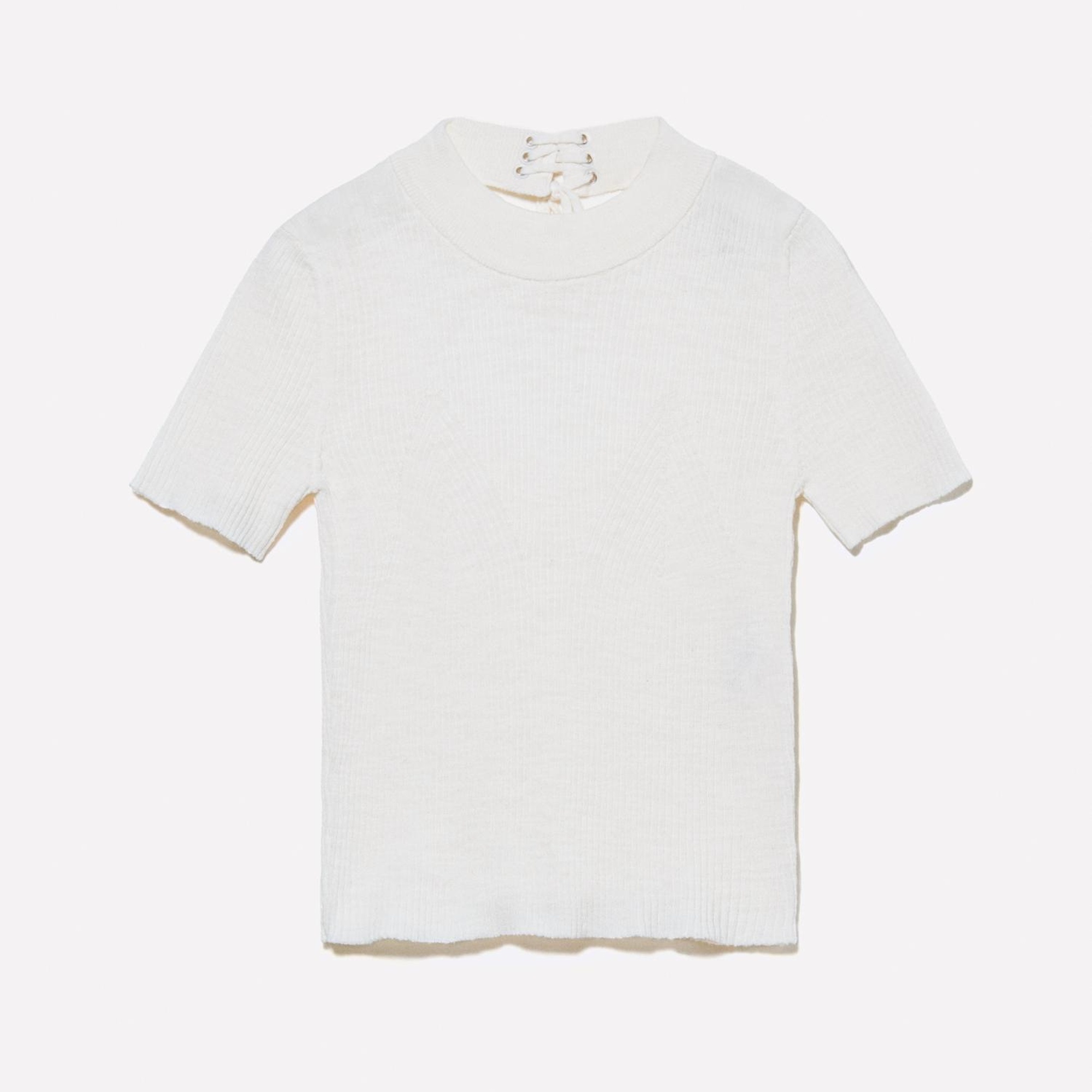 Kadın Kırık Beyaz Keten Karışımlı Slim Fit Kısa Kollu Kazak