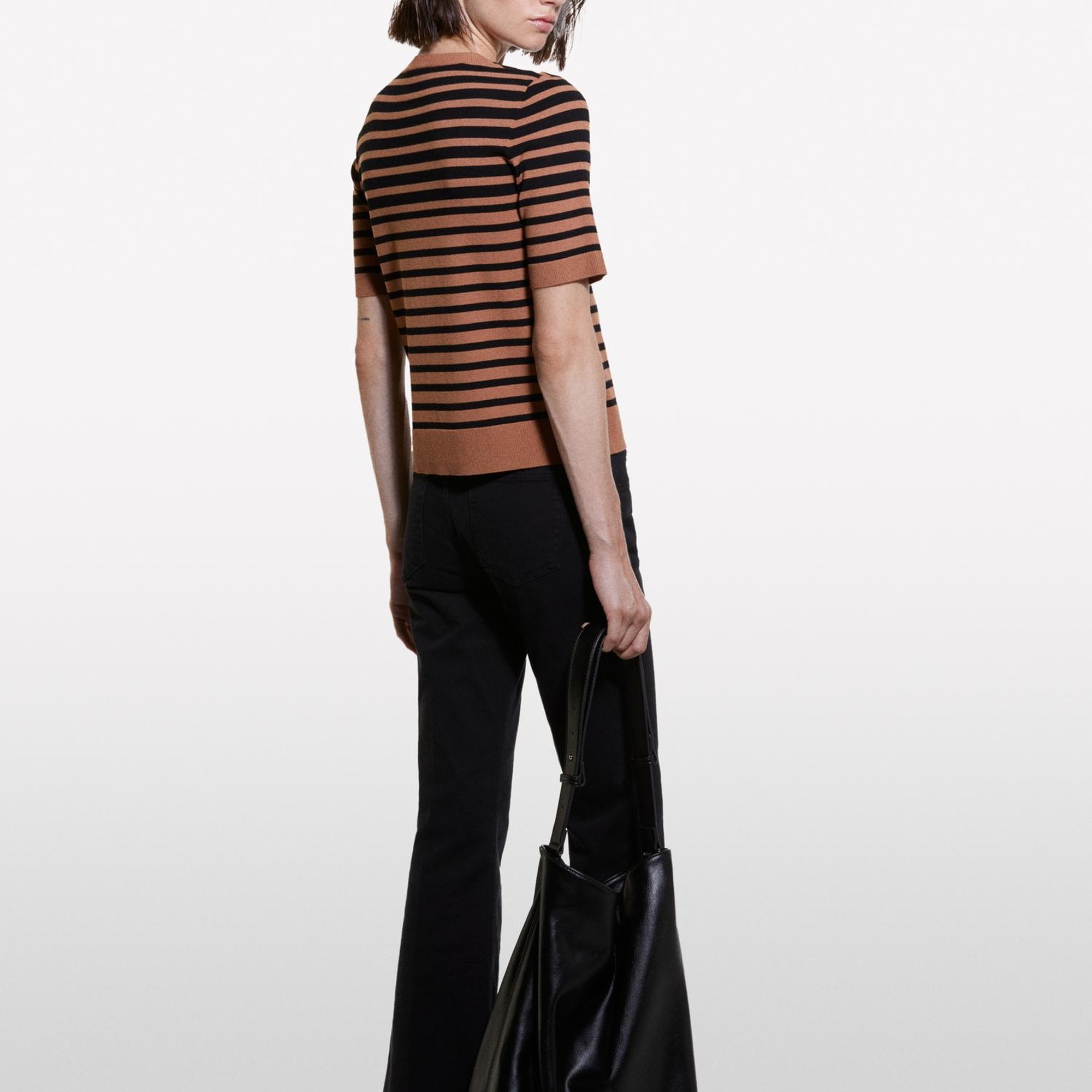 Kadın Kahverengi Çizgili Viskoz Karışımlı Çizgili Bisiklet Yaka Kısa Kollu Kazak