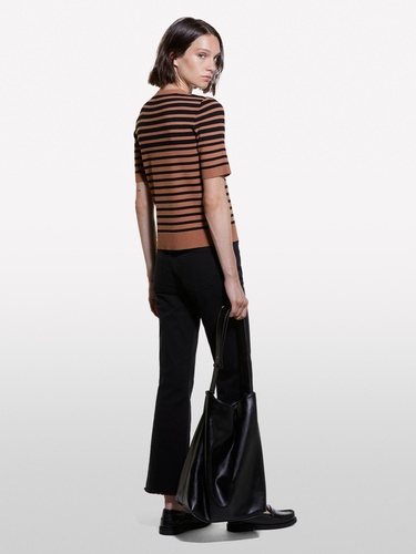  Kadın Kahverengi Çizgili Viskoz Karışımlı Çizgili Bisiklet Yaka Kısa Kollu Kazak