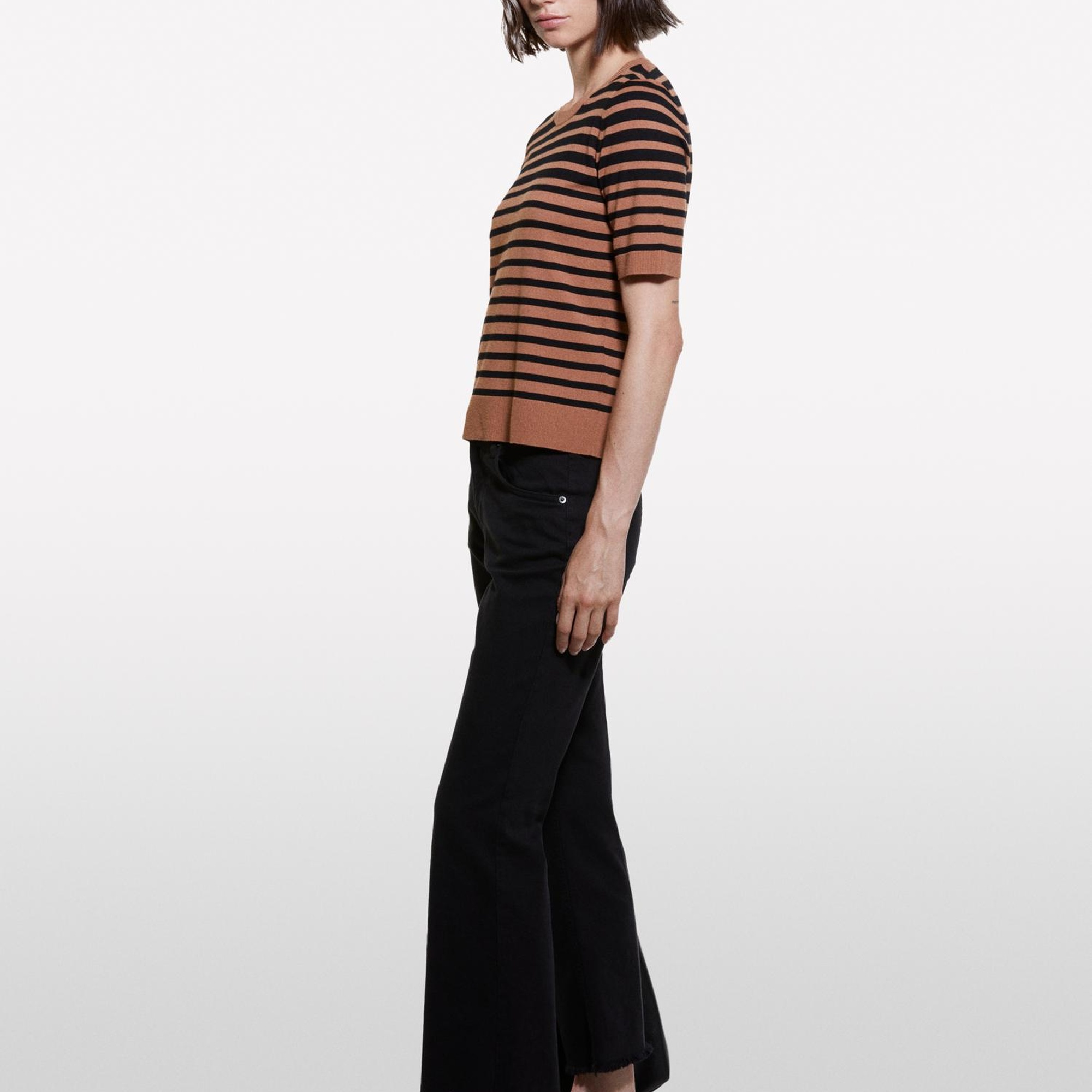 Kadın Kahverengi Çizgili Viskoz Karışımlı Çizgili Bisiklet Yaka Kısa Kollu Kazak