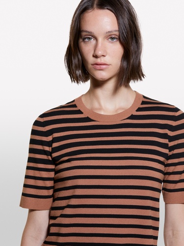  Kadın Kahverengi Çizgili Viskoz Karışımlı Çizgili Bisiklet Yaka Kısa Kollu Kazak