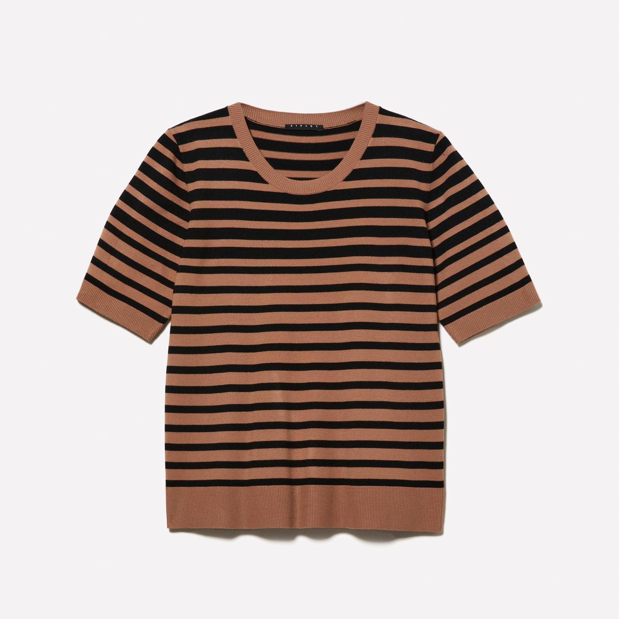 Kadın Kahverengi Çizgili Viskoz Karışımlı Çizgili Bisiklet Yaka Kısa Kollu Kazak