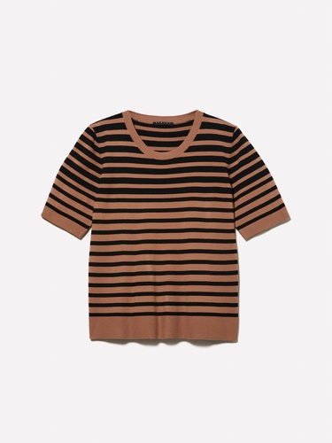  Kadın Kahverengi Çizgili Viskoz Karışımlı Çizgili Bisiklet Yaka Kısa Kollu Kazak