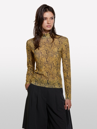  Kadın Sarı Baskılı Baskılı Dar Kesim Yüksek Yaka Uzun Kollu T-Shirt