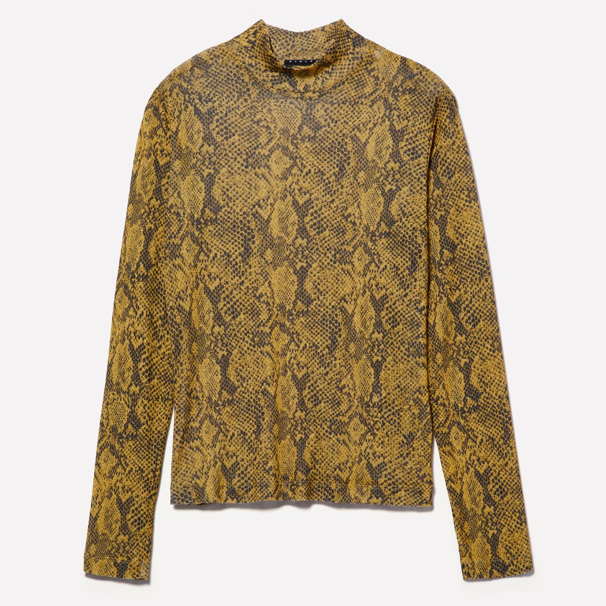 Kadın Sarı Baskılı Baskılı Dar Kesim Yüksek Yaka Uzun Kollu T-Shirt