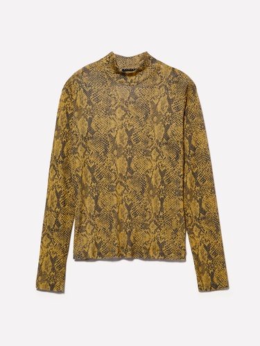  Kadın Sarı Baskılı Baskılı Dar Kesim Yüksek Yaka Uzun Kollu T-Shirt