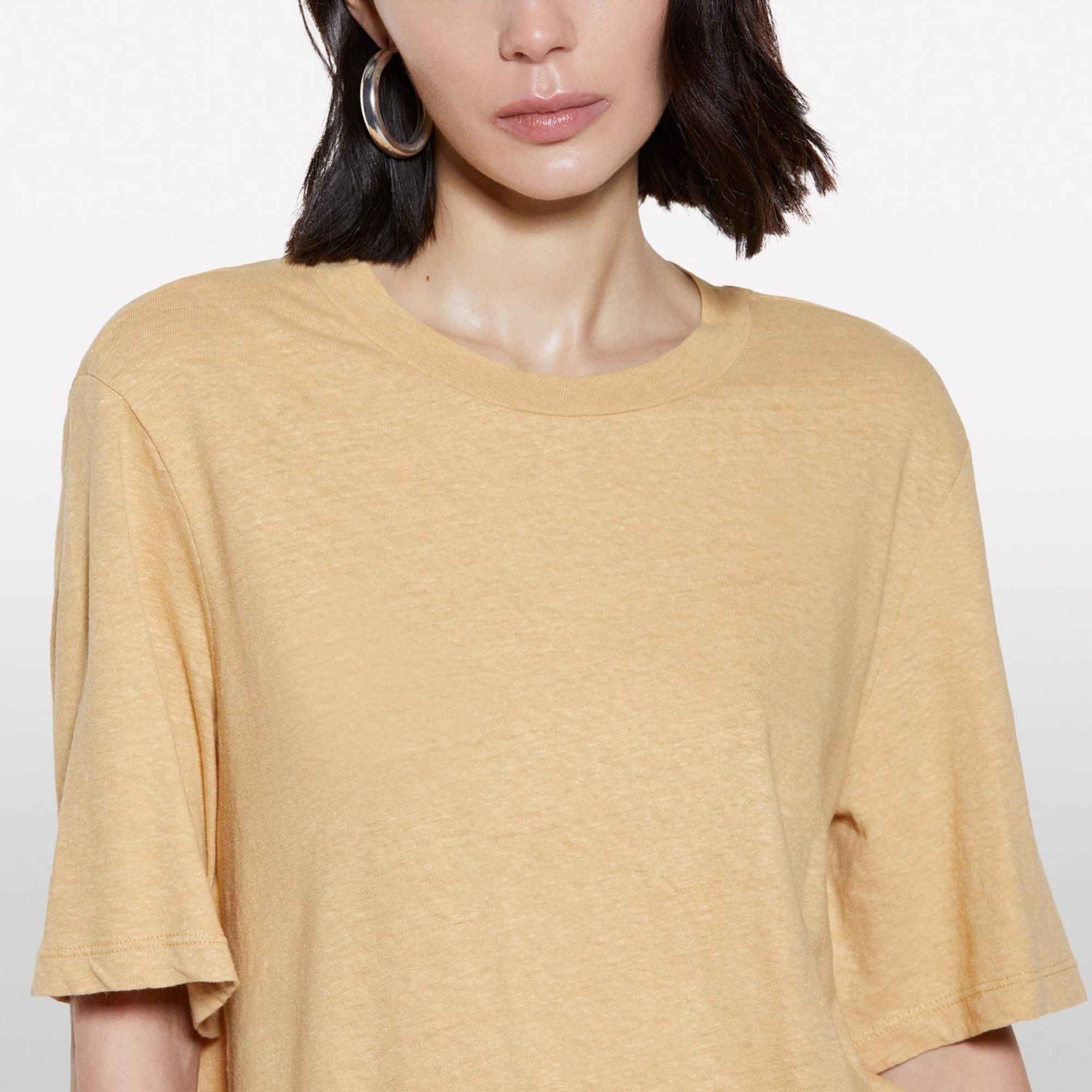 Kadın Kese Kağıdı Keten Karışımlı Bisiklet Yaka T-Shirt