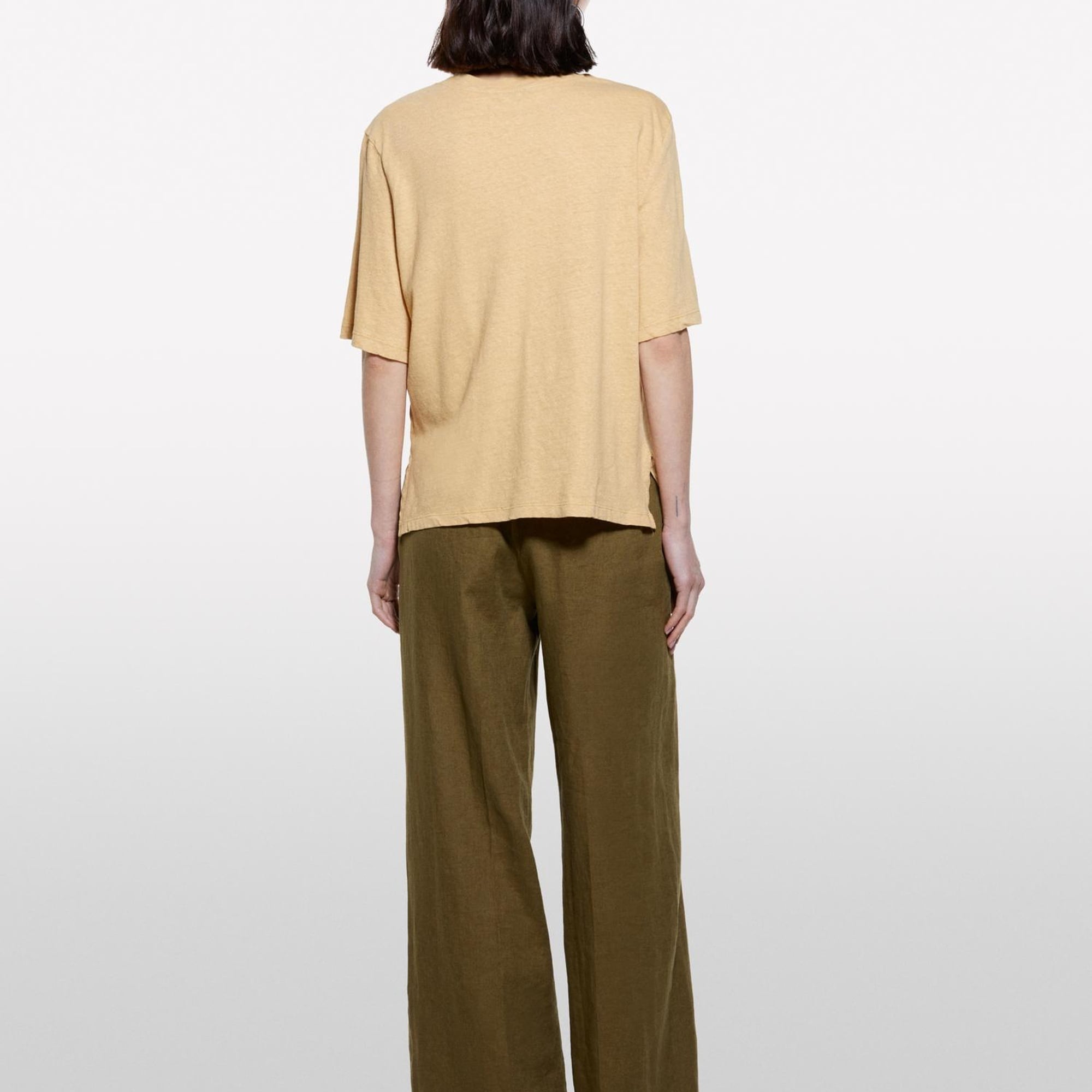 Kadın Kese Kağıdı Keten Karışımlı Bisiklet Yaka T-Shirt