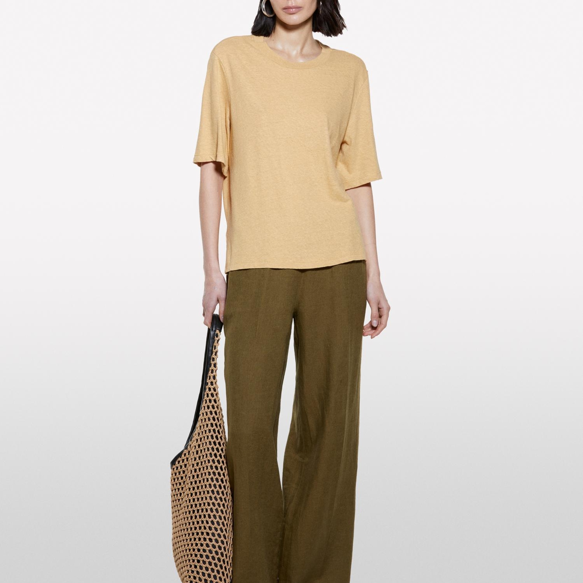 Kadın Kese Kağıdı Keten Karışımlı Bisiklet Yaka T-Shirt