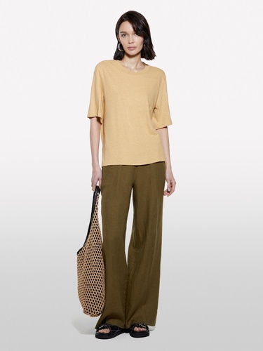  Kadın Kese Kağıdı Keten Karışımlı Bisiklet Yaka T-Shirt