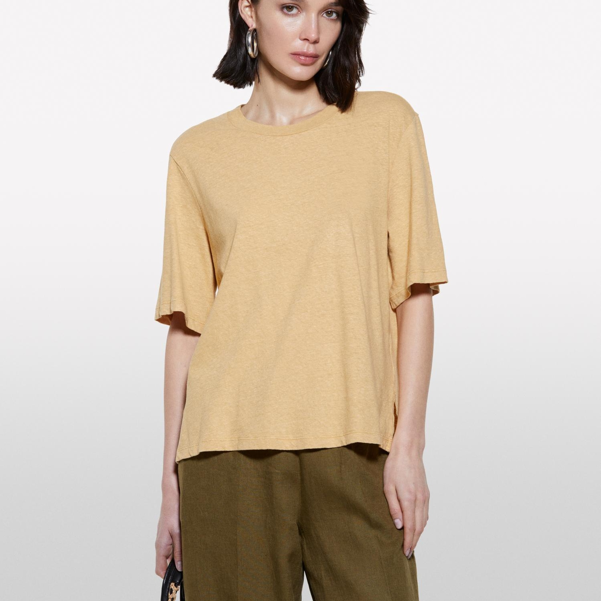 Kadın Kese Kağıdı Keten Karışımlı Bisiklet Yaka T-Shirt