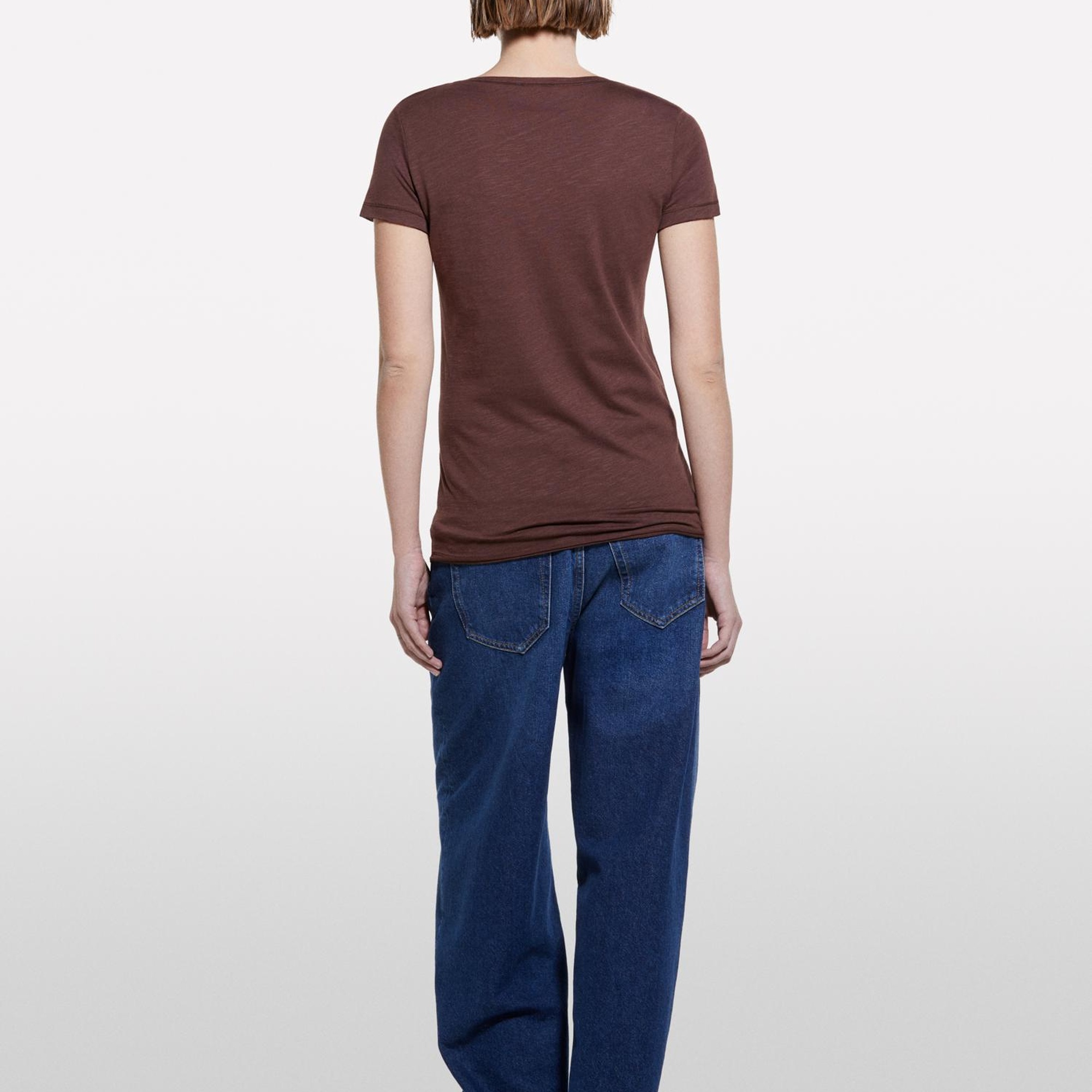 Kadın Koyu kahverengi Pamuk Modal Karışımlı Normal Kalıp Bisiklet Yaka T-Shirt