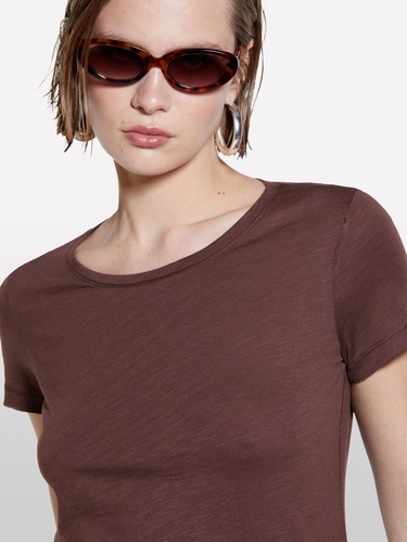  Kadın Koyu kahverengi Pamuk Modal Karışımlı Normal Kalıp Bisiklet Yaka T-Shirt