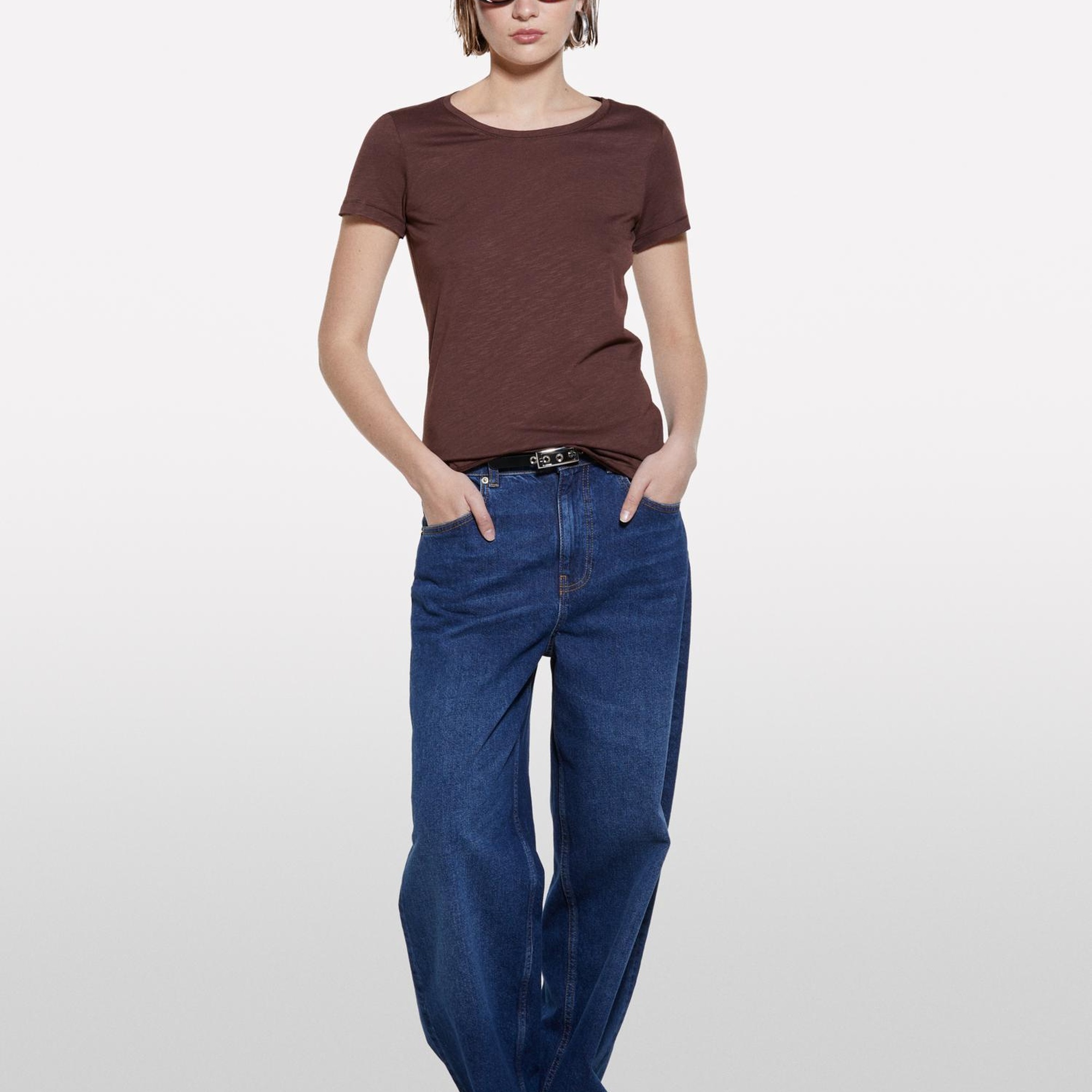 Kadın Koyu kahverengi Pamuk Modal Karışımlı Normal Kalıp Bisiklet Yaka T-Shirt