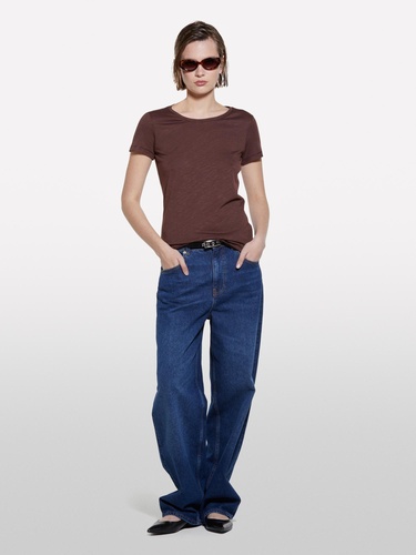  Kadın Koyu kahverengi Pamuk Modal Karışımlı Normal Kalıp Bisiklet Yaka T-Shirt