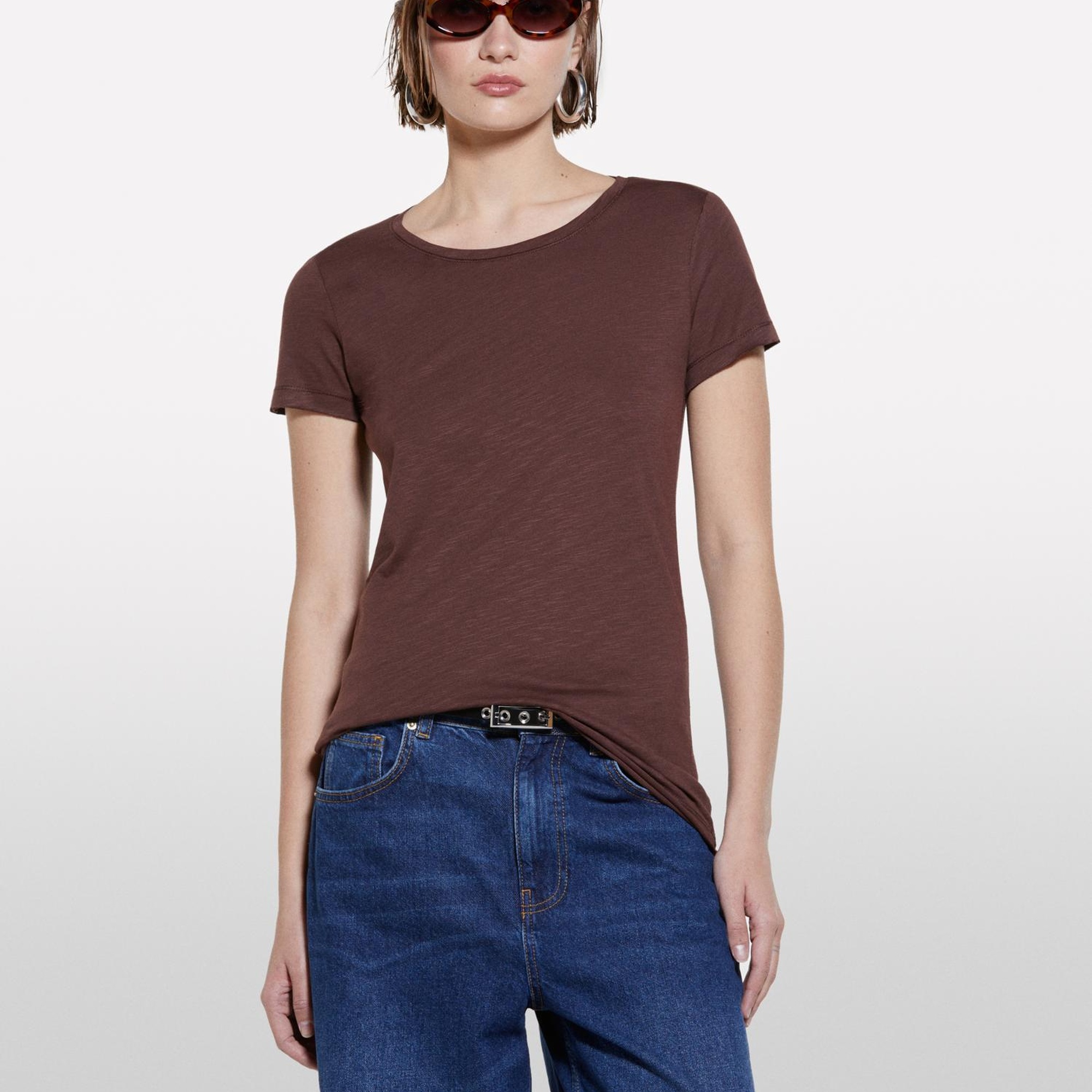 Kadın Koyu kahverengi Pamuk Modal Karışımlı Normal Kalıp Bisiklet Yaka T-Shirt