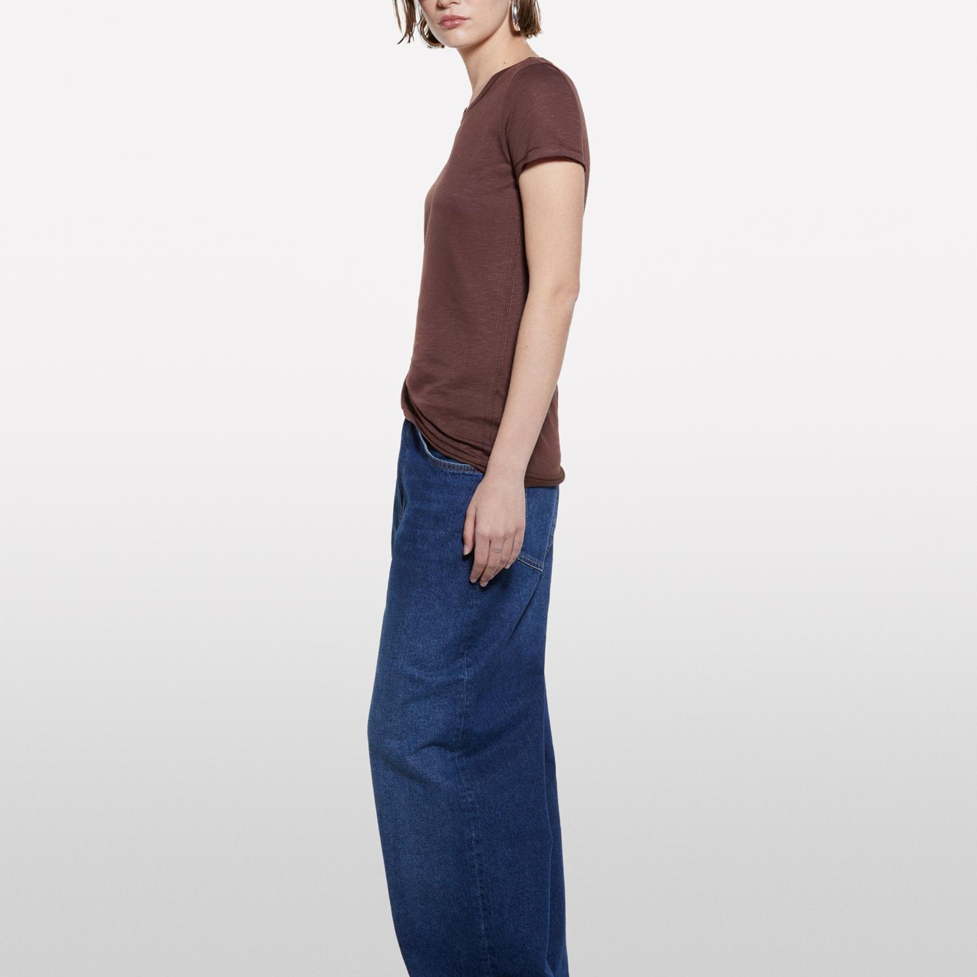 Kadın Koyu kahverengi Pamuk Modal Karışımlı Normal Kalıp Bisiklet Yaka T-Shirt