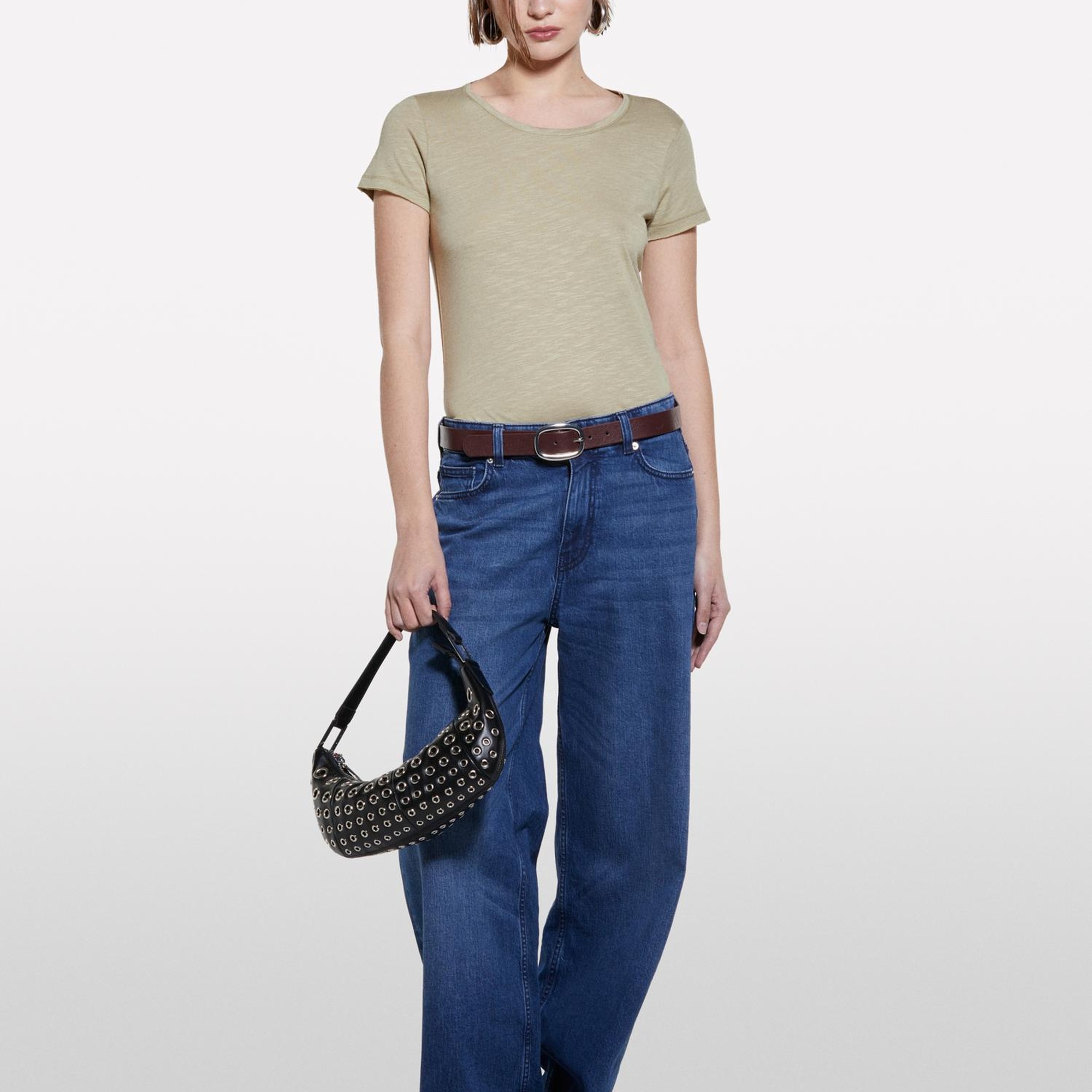 Kadın Kum Rengi Pamuk Modal Karışımlı Normal Kalıp Bisiklet Yaka T-Shirt