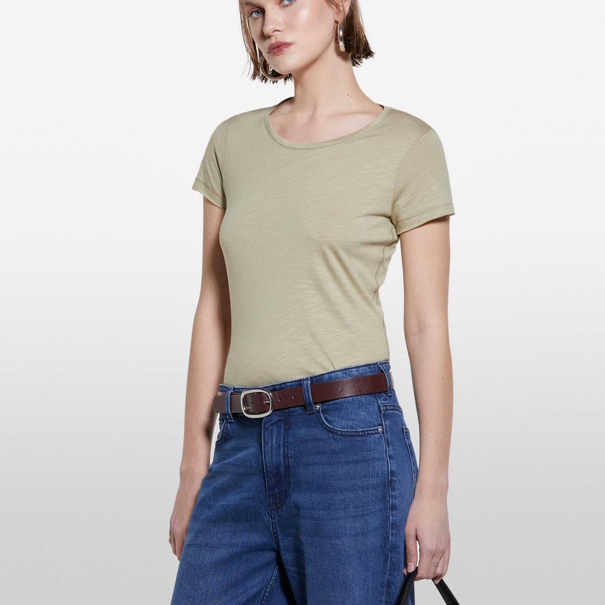 Kadın Kum Rengi Pamuk Modal Karışımlı Normal Kalıp Bisiklet Yaka T-Shirt