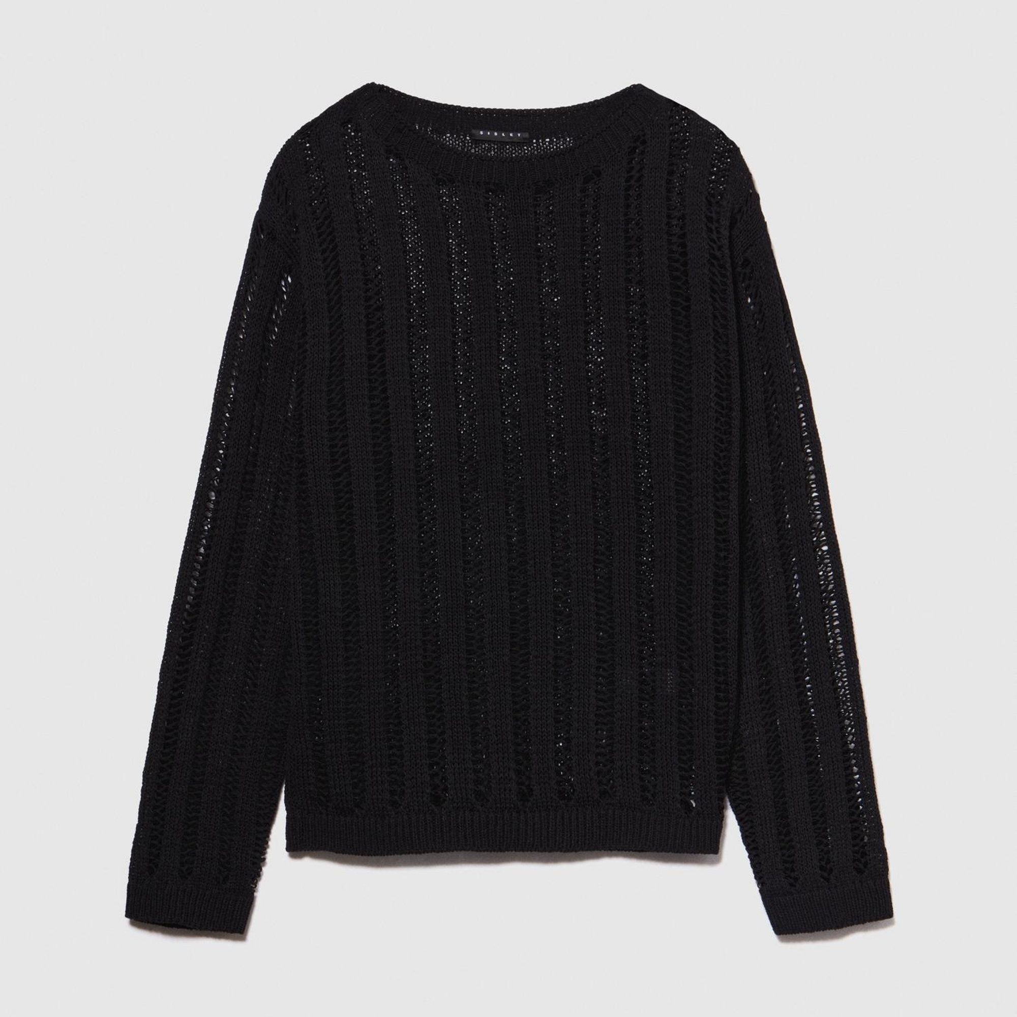 Kadın Siyah Pamuk Karışımlı Örgü Motifli Düşük Omuzlu Kayık Yaka Kazak