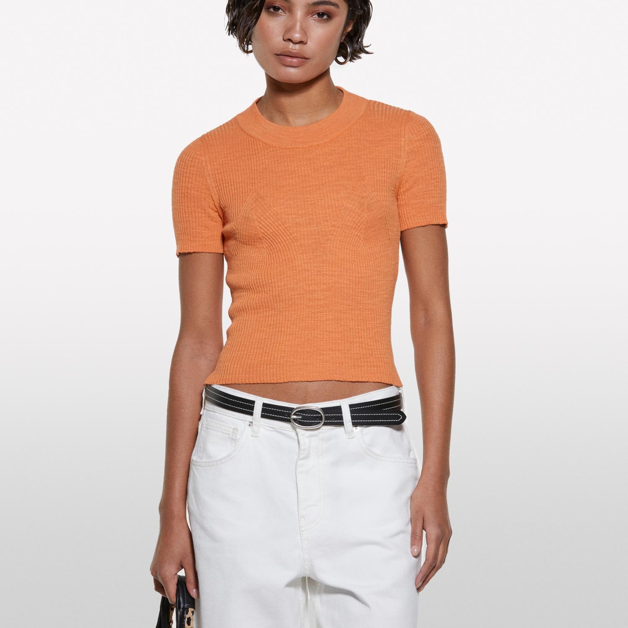 Kadın Turuncu Keten Karışımlı Slim Fit Kısa Kollu Kazak