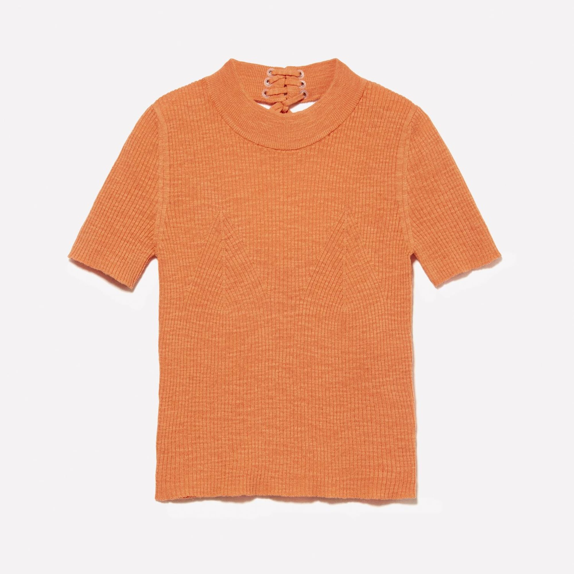 Kadın Turuncu Keten Karışımlı Slim Fit Kısa Kollu Kazak