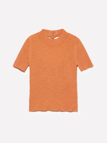  Kadın Turuncu Keten Karışımlı Slim Fit Kısa Kollu Kazak