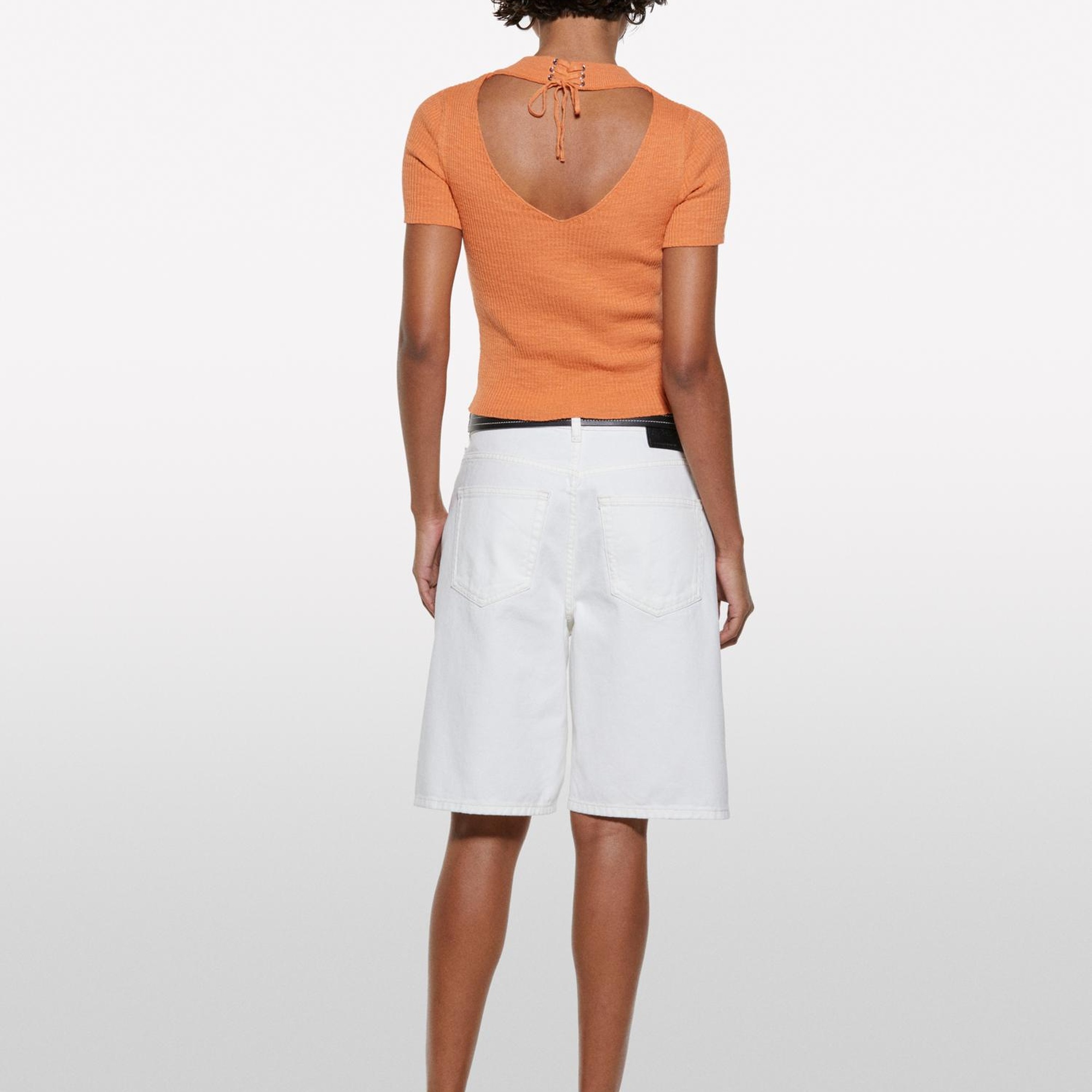 Kadın Turuncu Keten Karışımlı Slim Fit Kısa Kollu Kazak