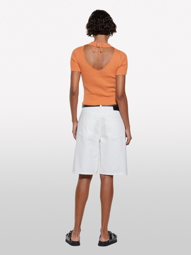  Kadın Turuncu Keten Karışımlı Slim Fit Kısa Kollu Kazak